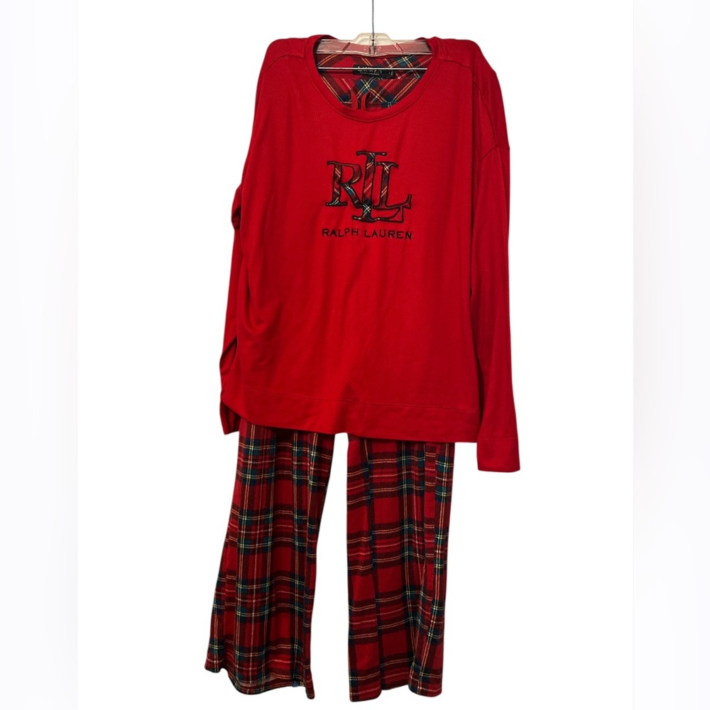 RALPH LAUREN Red Scoop Neck Plaid Fleece Pajama Pant Set
